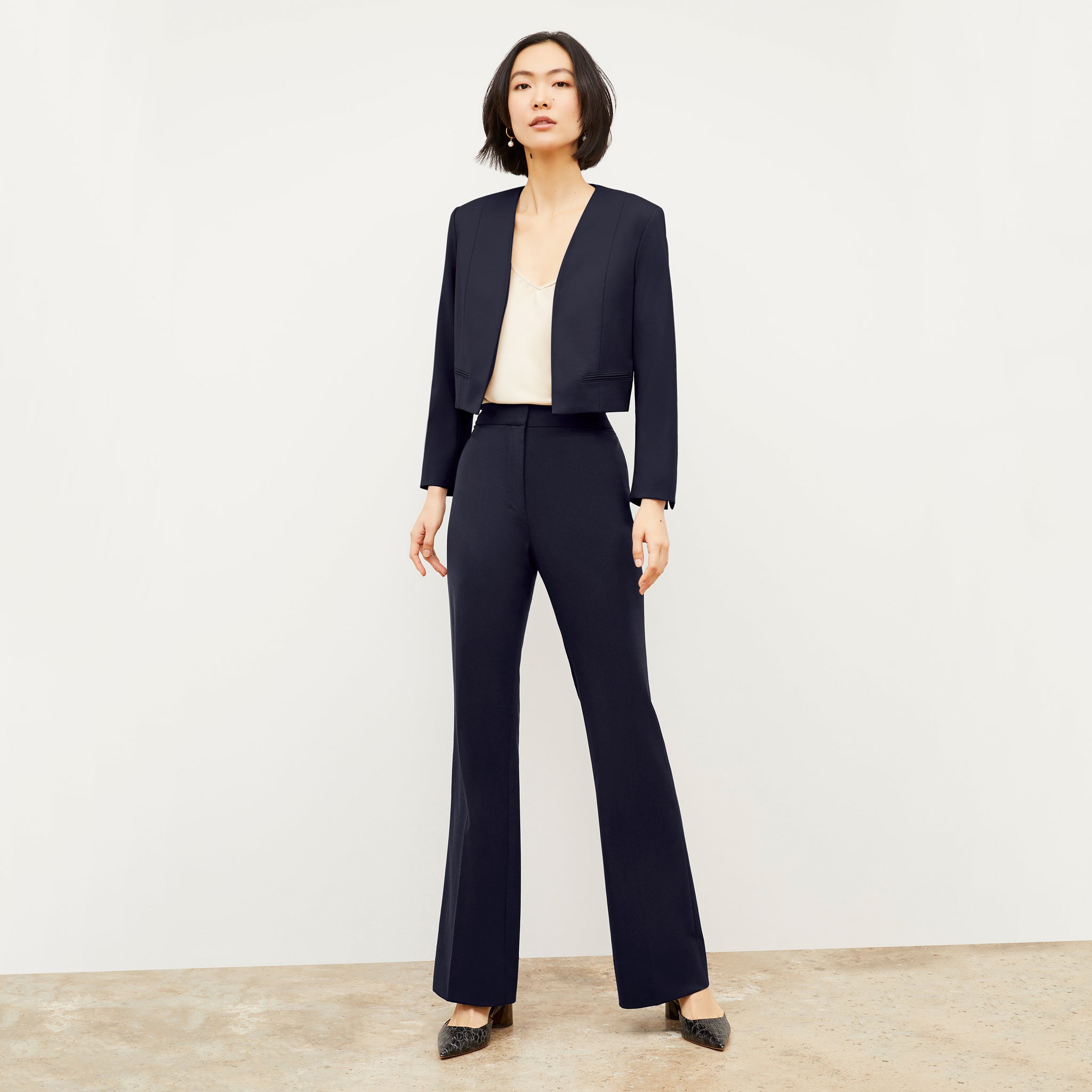 Front image of a woman wearing the Neale blazer in Galaxy Blue