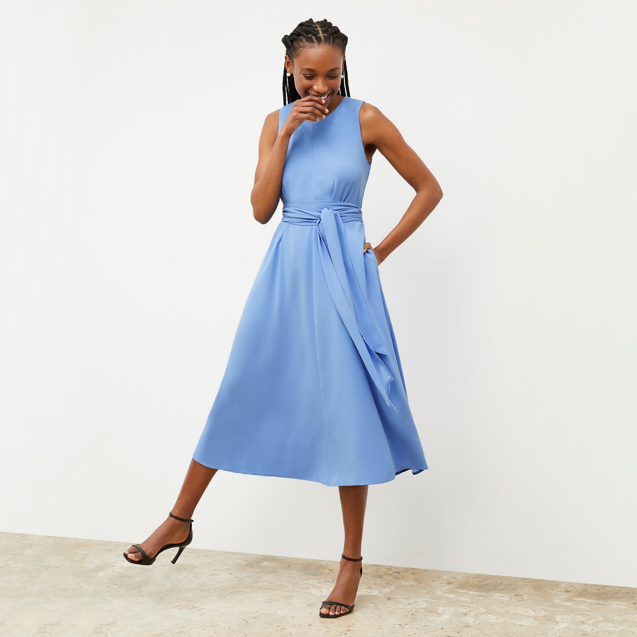 Front image of a woman wearing the Fatima Dress - Eco Heavy Crepe in Carolina Blue 