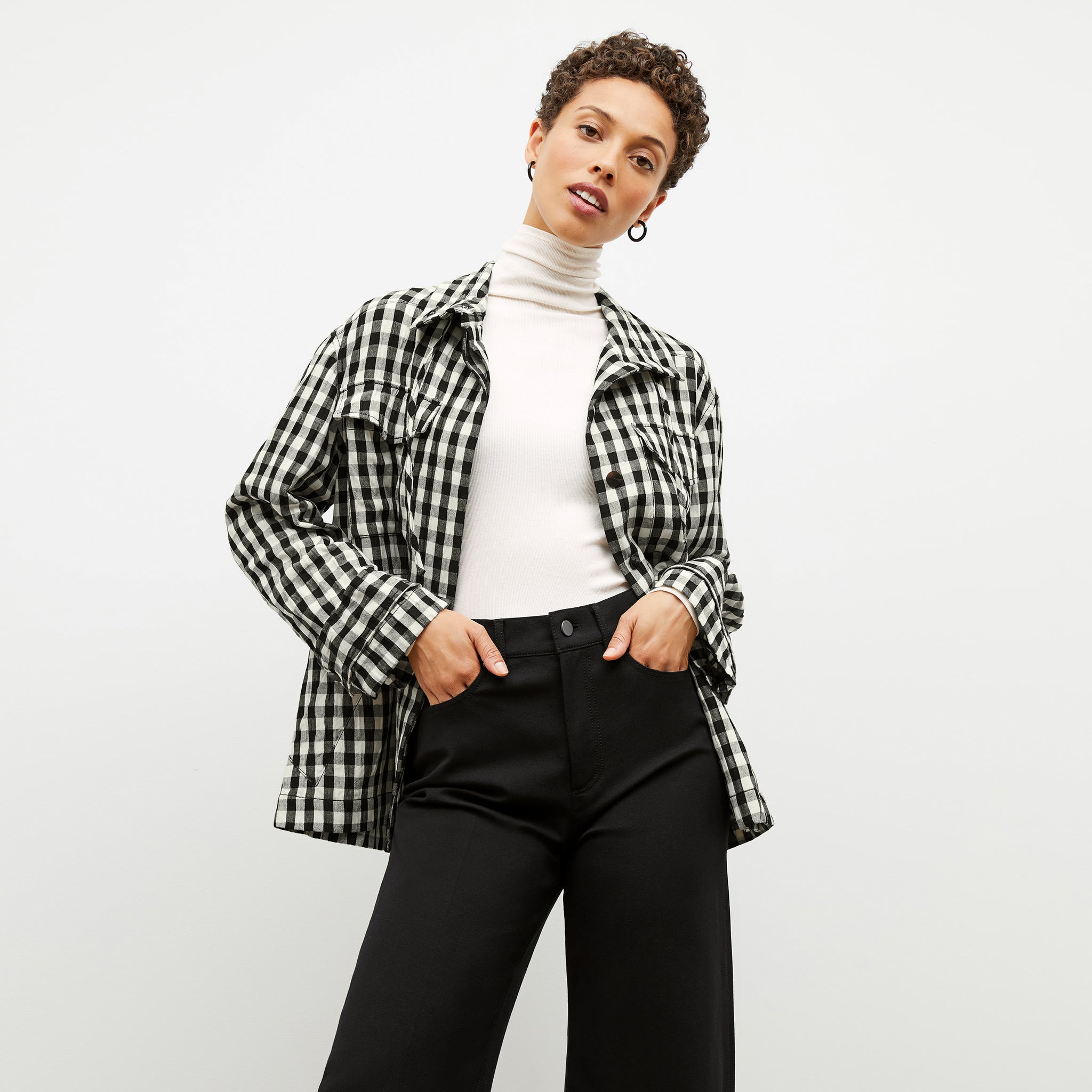 Front image of a woman wearing the Allison Anorak - Luxe Gingham in black / white 