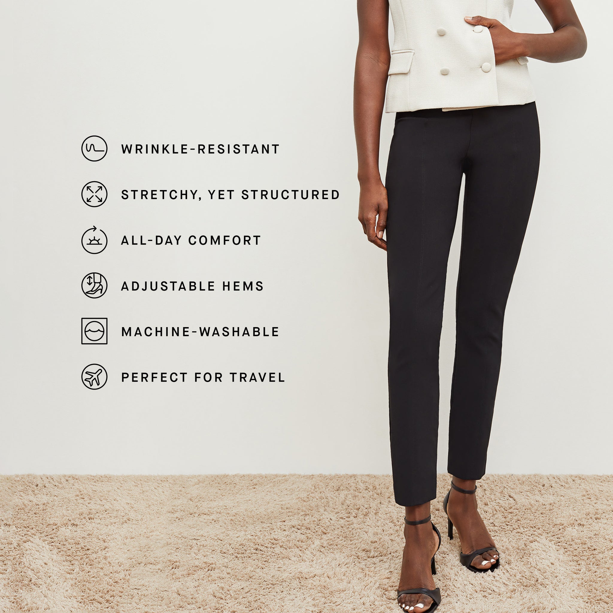 image of a woman wearing the foster pants in black with product features listed
