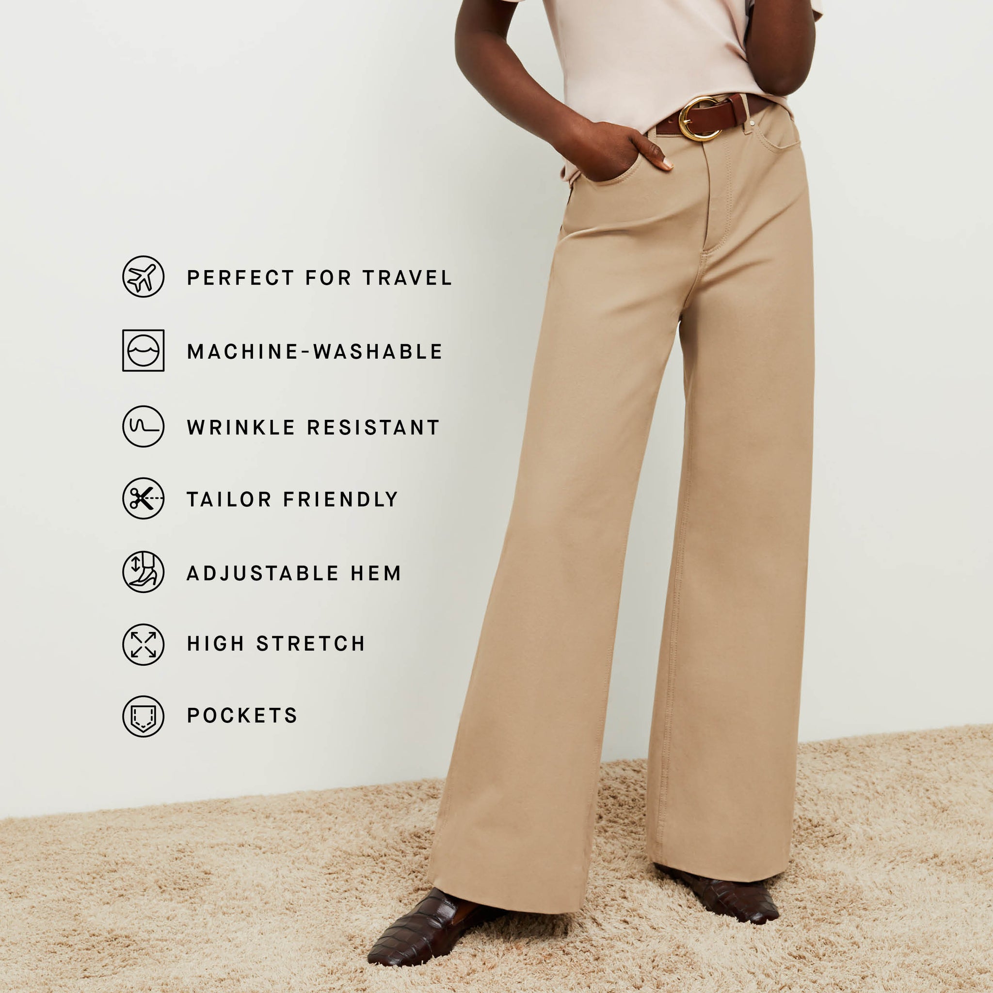 image of a woman wearing the milo jeans in fawn with the features listed 