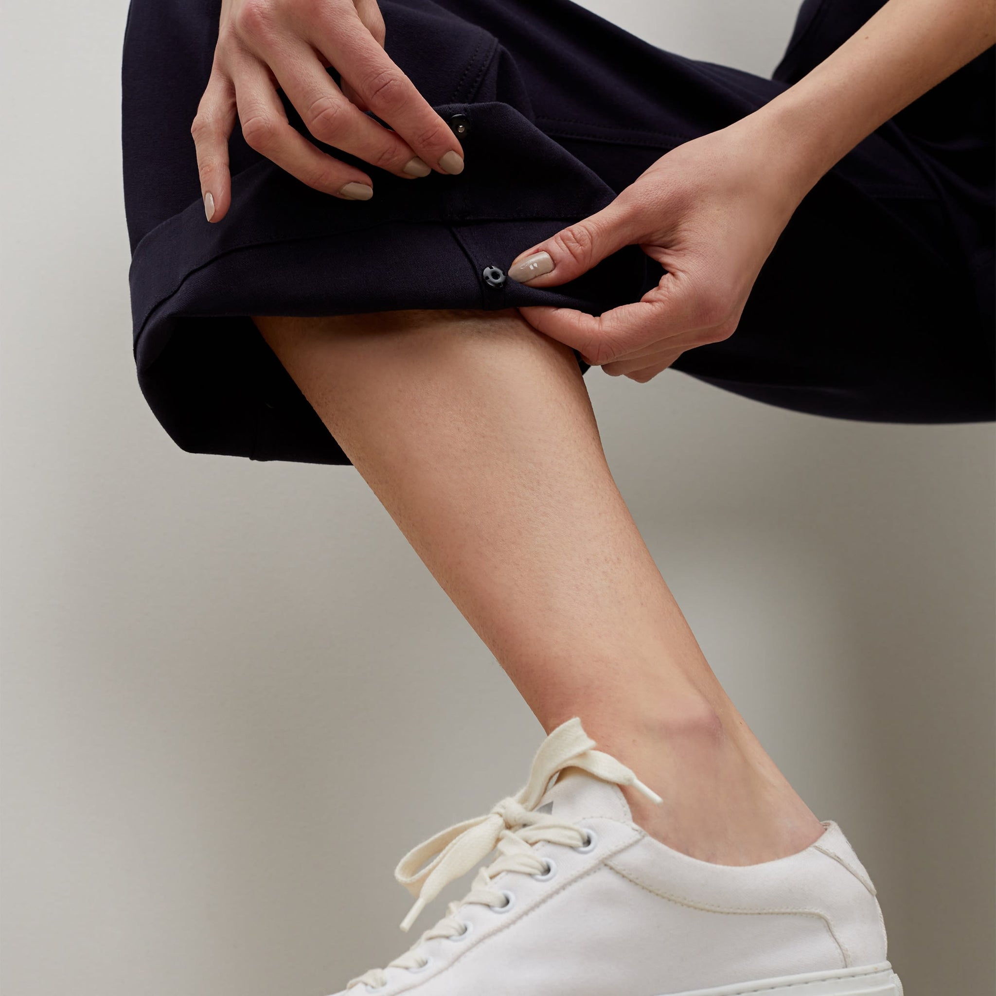 Detail image of a woman standing wearing the Milo Jean in ink