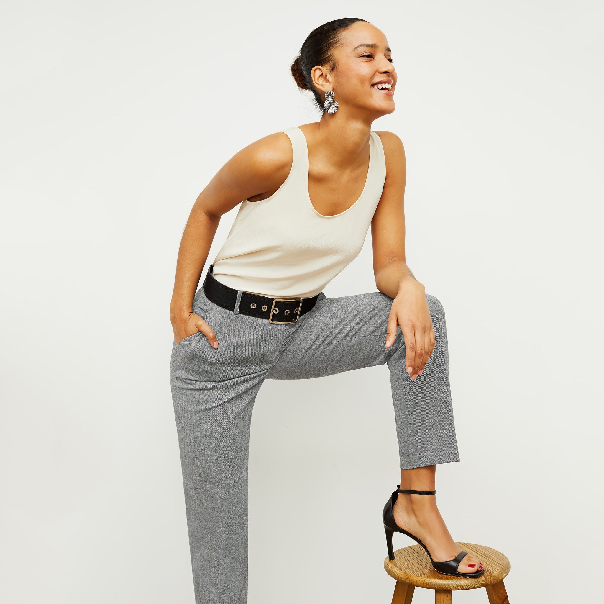 Front image of a woman standing wearing the Vicky Tank—Washable Silk in Pearl