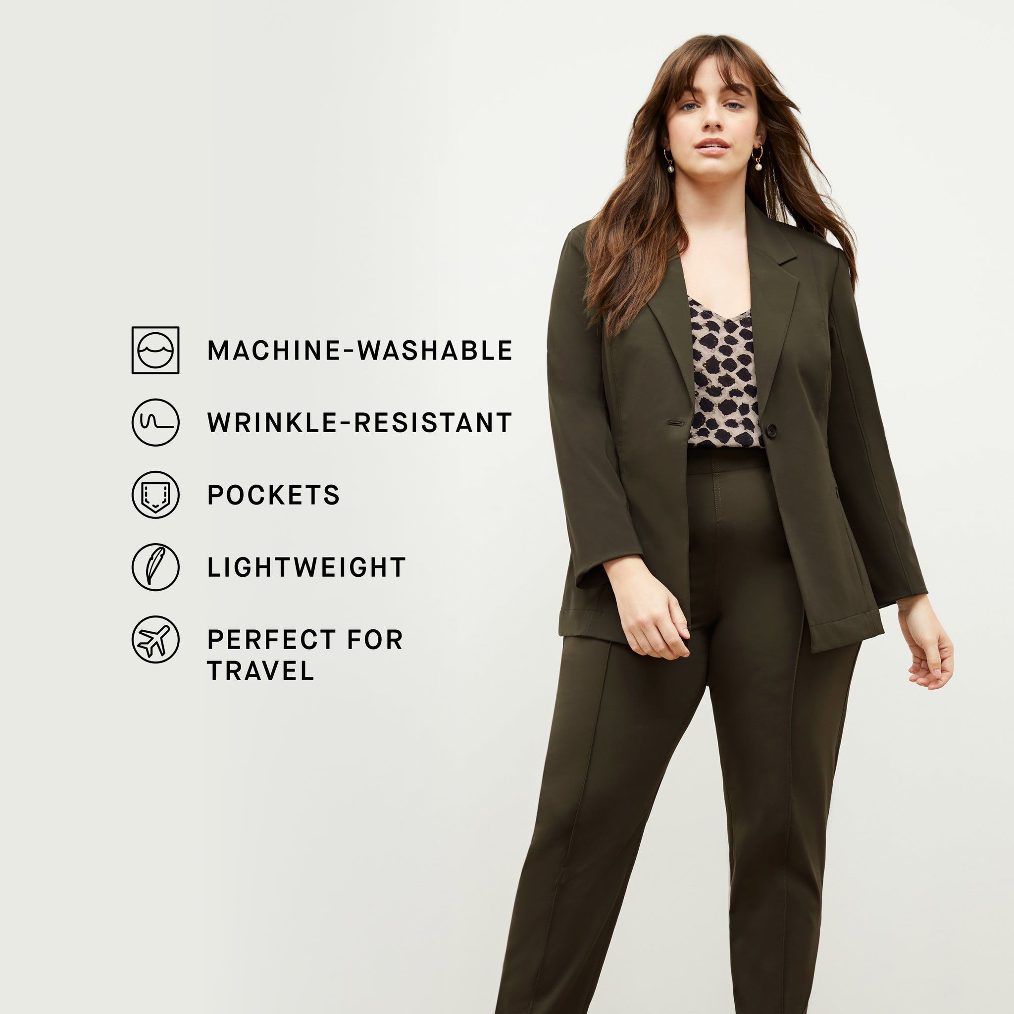 Front image of a woman standing wearing the Moreland jacket in olive with the product features listed 