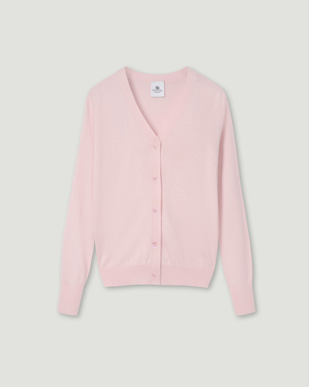Pink cardigan on a light gray background.