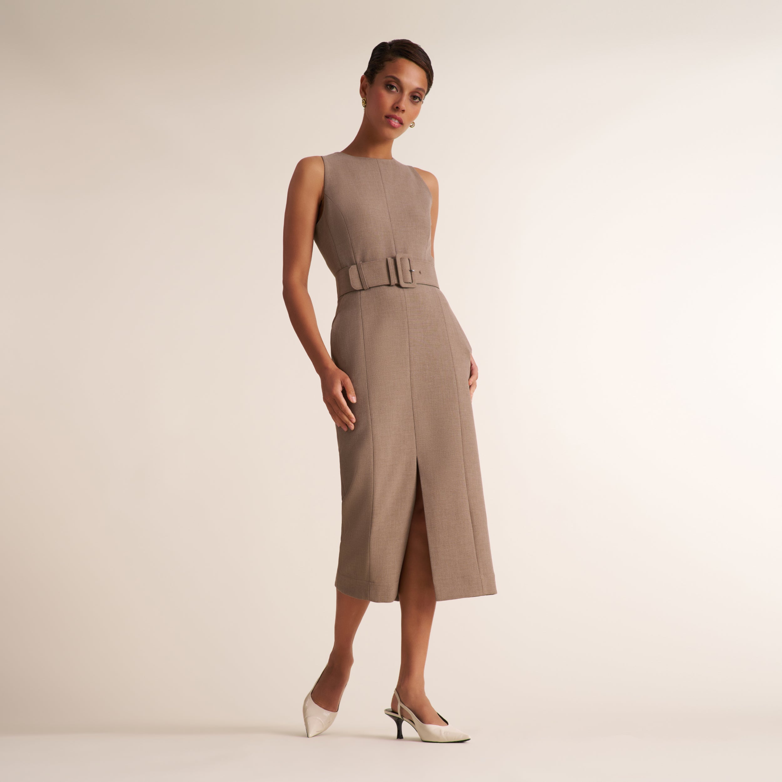 Ashtin Desk to Dinner Dress - Luxe Flex Suiting :: Toasted Coconut