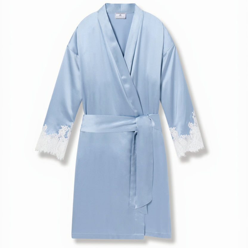 Light blue robe with lace trim on a white background