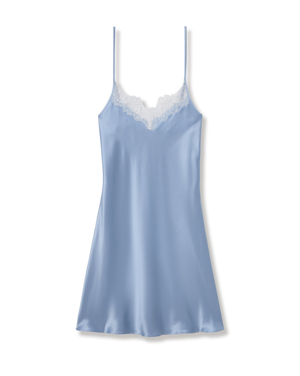 Blue satin slip dress with lace trim on a white background