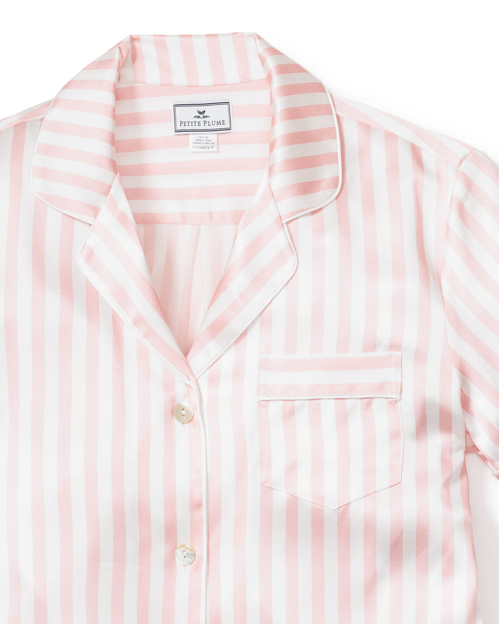 Pink and white striped shirt with a collar on a white background