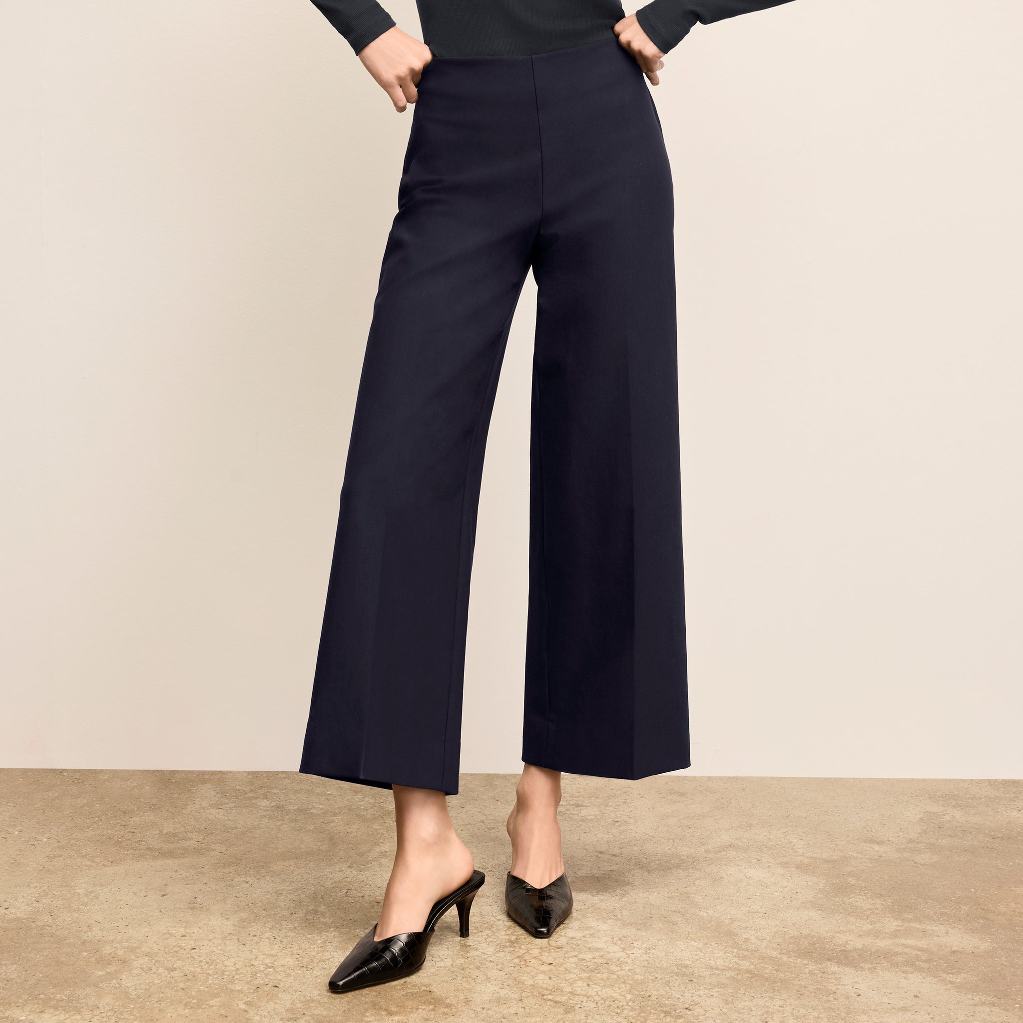 Navy blue wide-leg pants worn by a person on a beige background