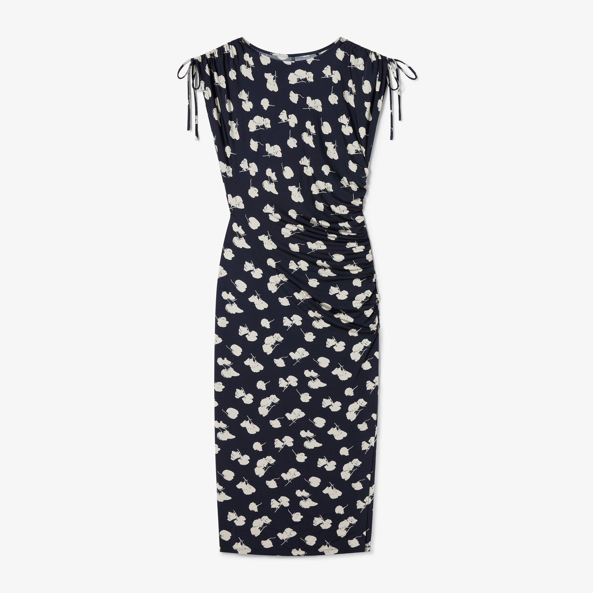 Navy dress with white floral pattern on a white background