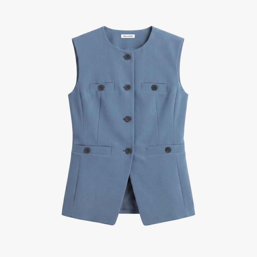 A sleeveless blue vest with a round neckline, front button closure, and four front flap pockets, shown on a light gray background.