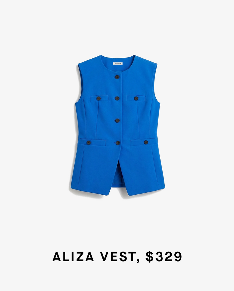 Blue vest with black buttons on a white background, labeled 'Aliza Vest, $329'.