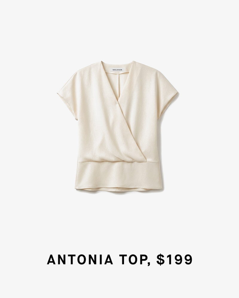 image of the antonia top in ivory with text "ANTONIA TOP, $199"