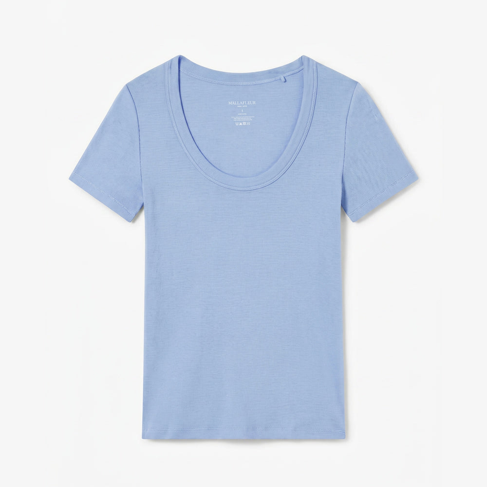 Packshot of a light blue scoop neck short sleeve t-shirt