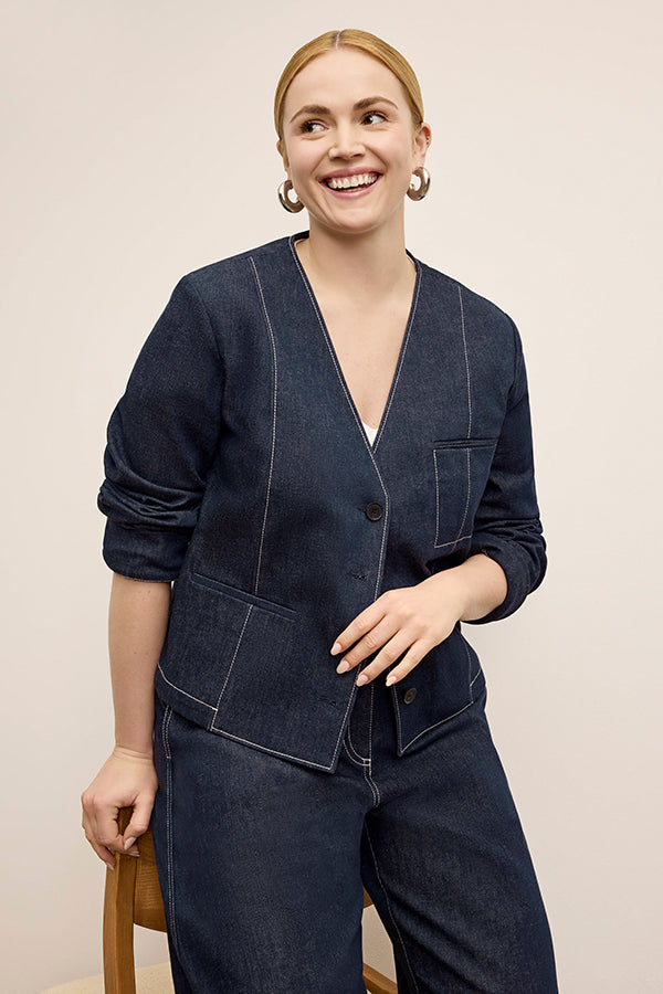 Ayla V-Neck Jacket - Stretch Denim :: Midnight Wash – M.M.LaFleur