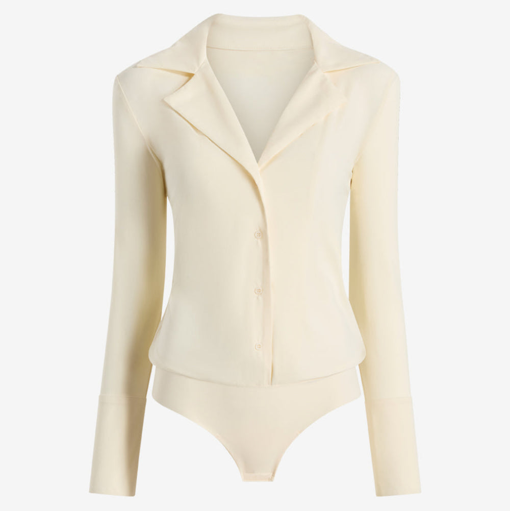 Cream-colored body suit on a white background