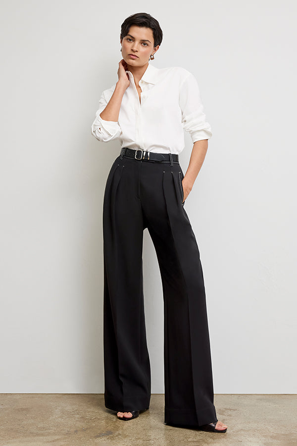 Bia Pleated Trouser - Everyday Crepe with Topstitch :: Black