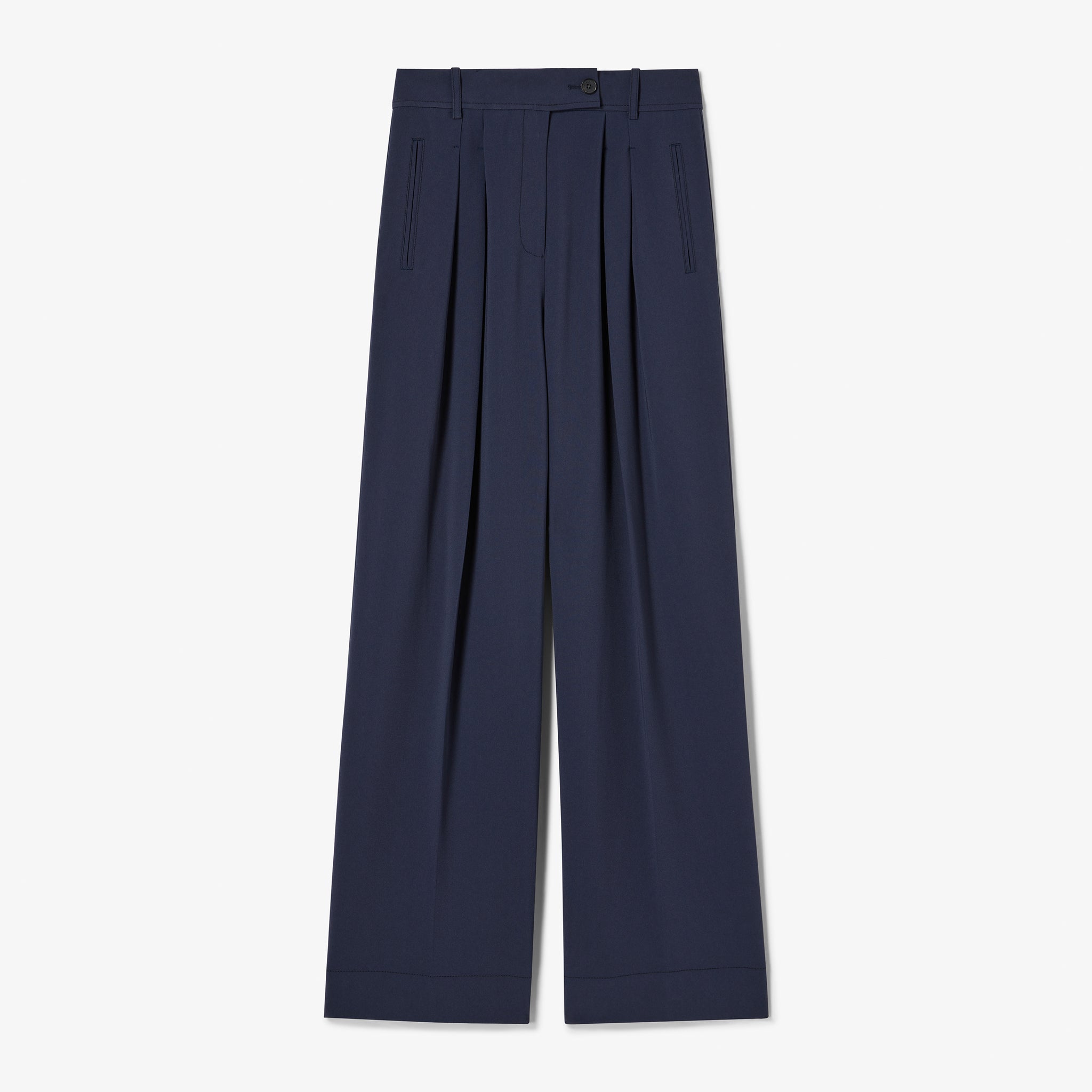 Navy blue wide-leg pants on a light gray background