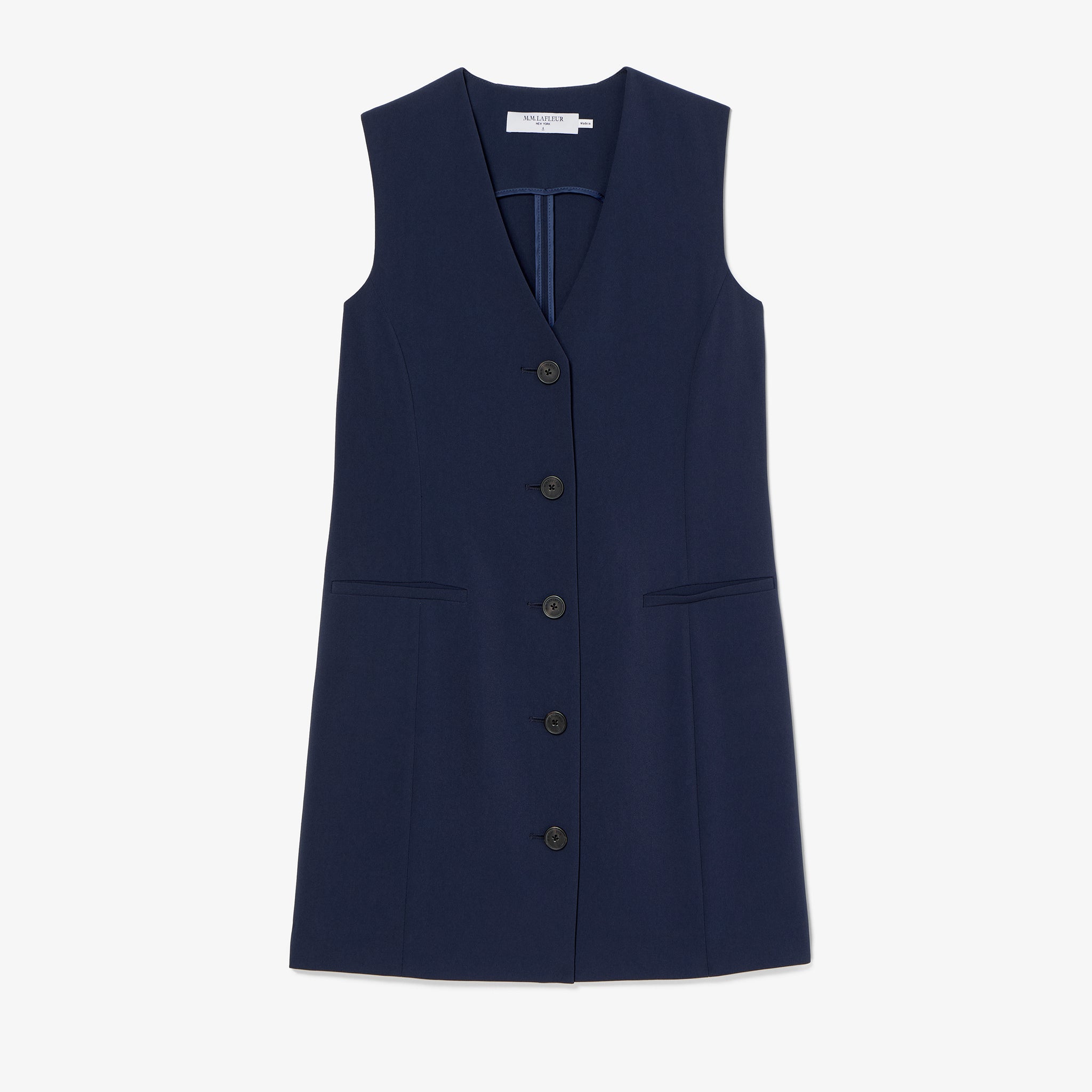 Navy blue vest with buttons on a white background