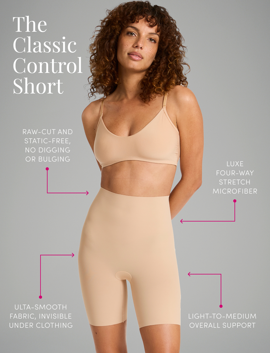 Woman wearing a beige control short with product features highlighted on a gray background