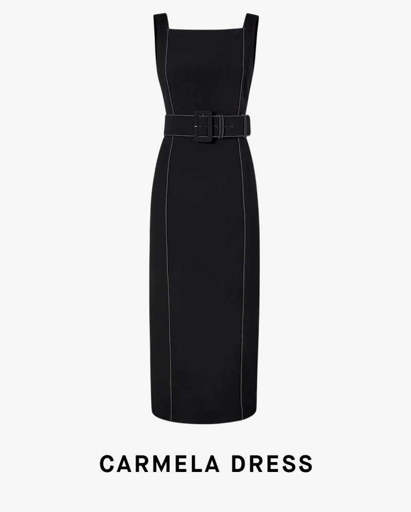 Black dress with a belt on a white background, labeled 'Carmela Dress'.