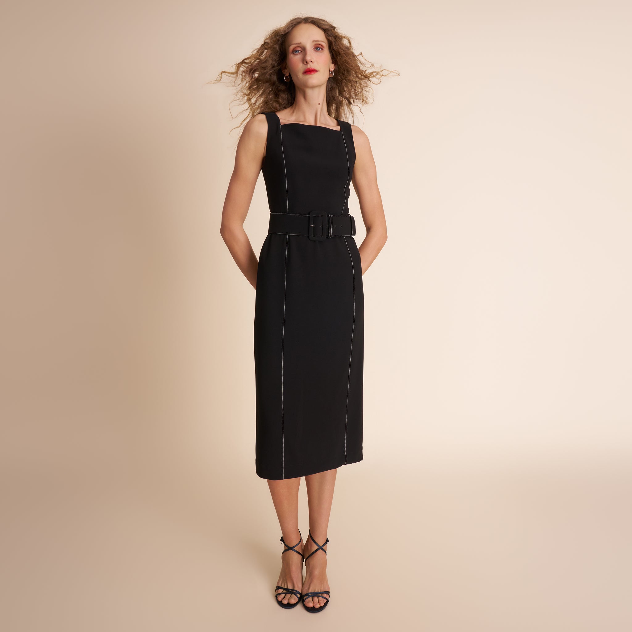 Carmela Streamline Dress - Everyday Crepe with Topstitch : Black Carmela Streamline Dress - Everyday Crepe with Topstitch : Black