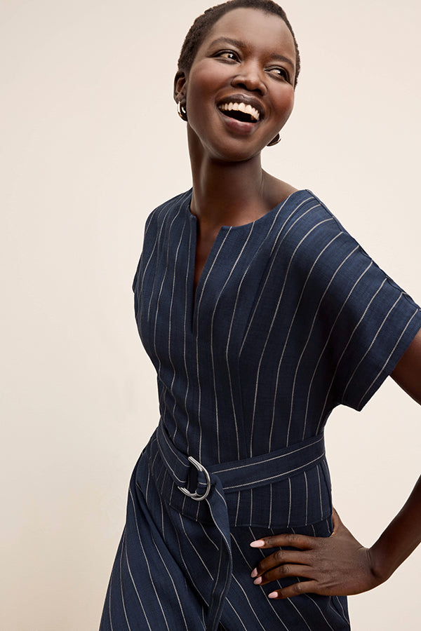 M.M.LaFleur Cereah Women's Summer Pinstripe Belt Dress - Blue - Size 2 - Navy/Ivory M.M.LaFleur Cereah Women's Summer Pinstripe Belt Dress - Blue - Size 2 - Navy/Ivory