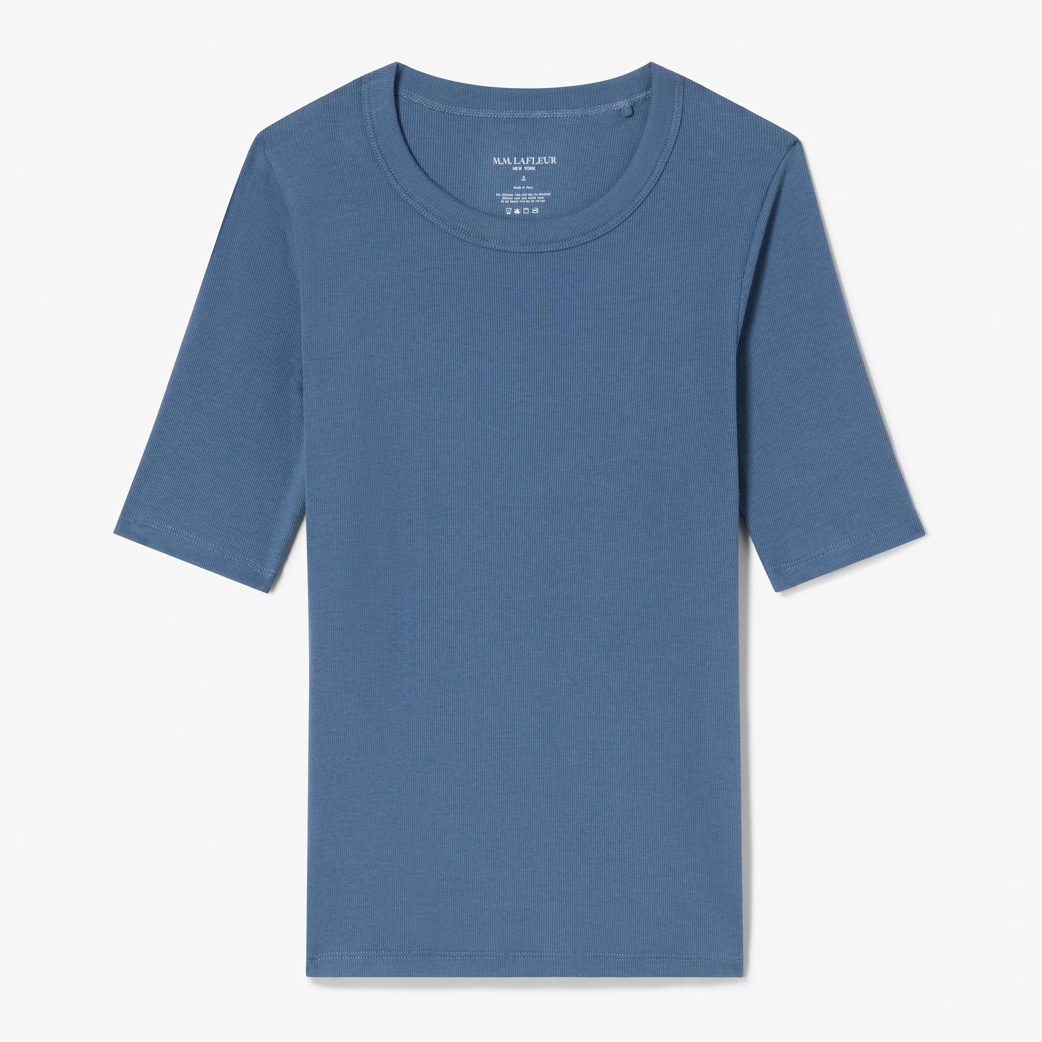 Blue t-shirt with a brand label on a white background