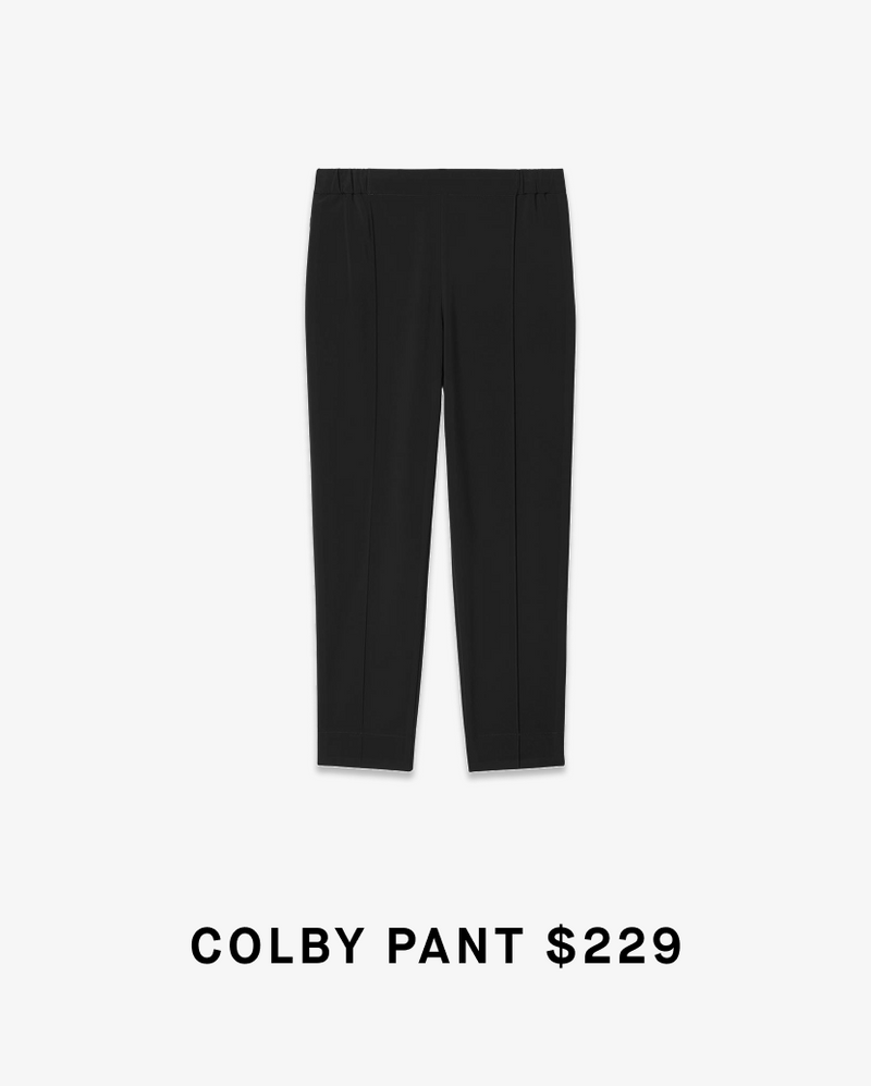 Black pants on a white background with 'Colby Pant $229' text.