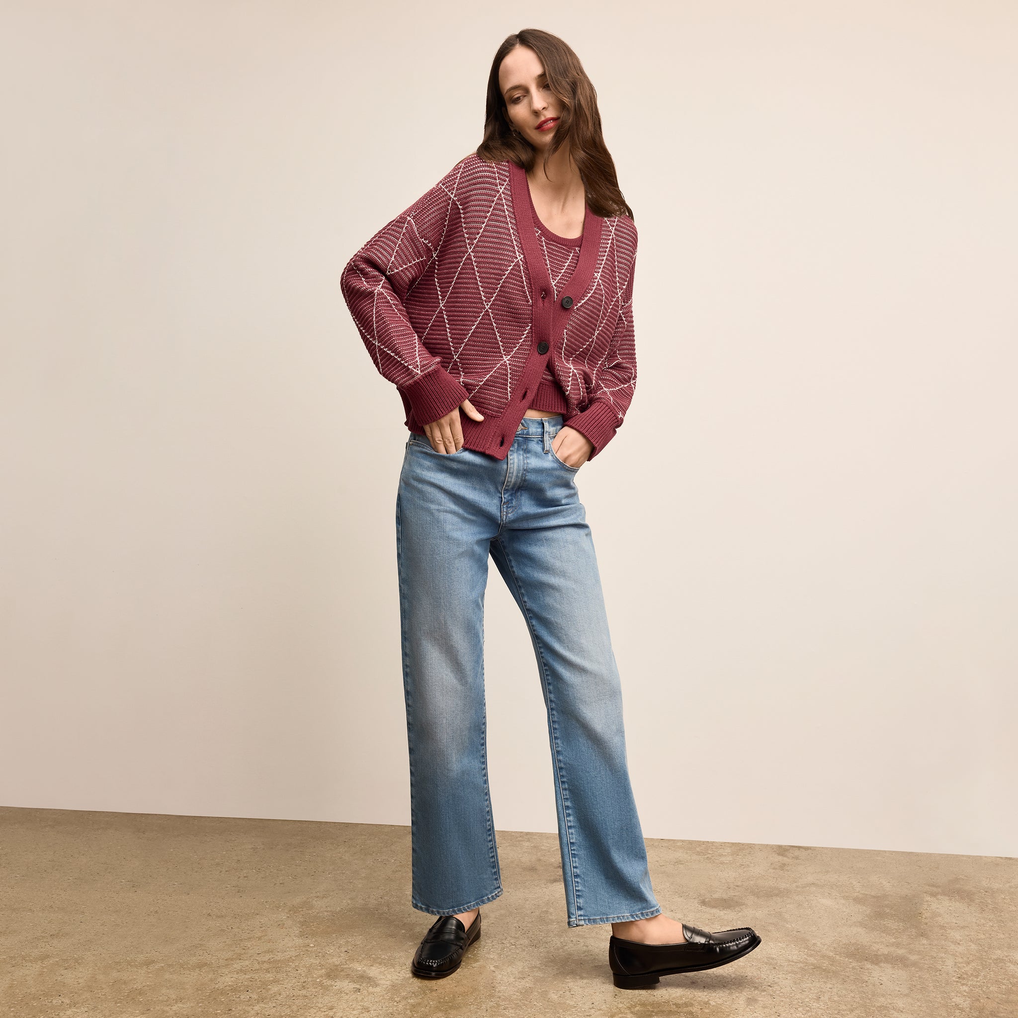 Dakota Easy Luxury Cardigan - Argyle Knit :: Red Umber