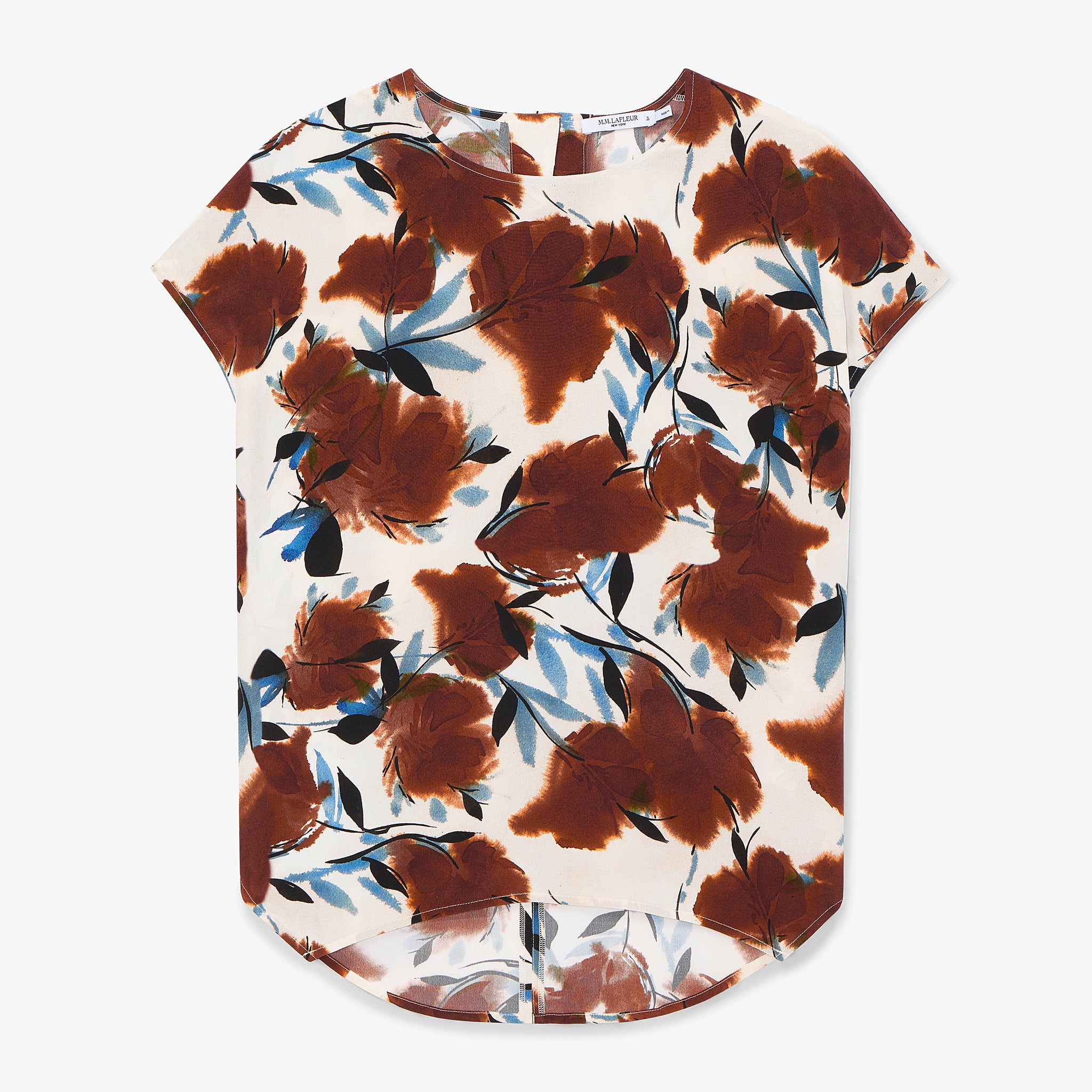 Floral patterned t-shirt with brown flowers on a white background