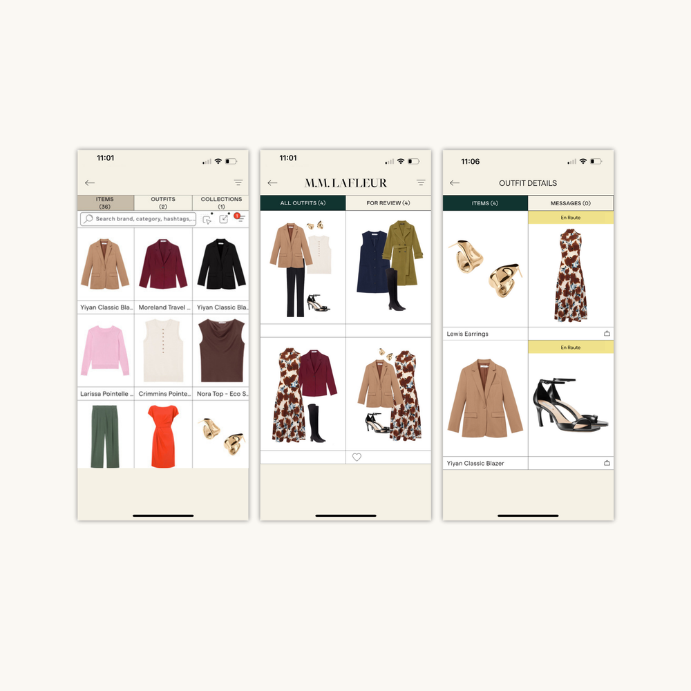 Three smartphone screens displaying a fashion app with clothing items and outfit suggestions.