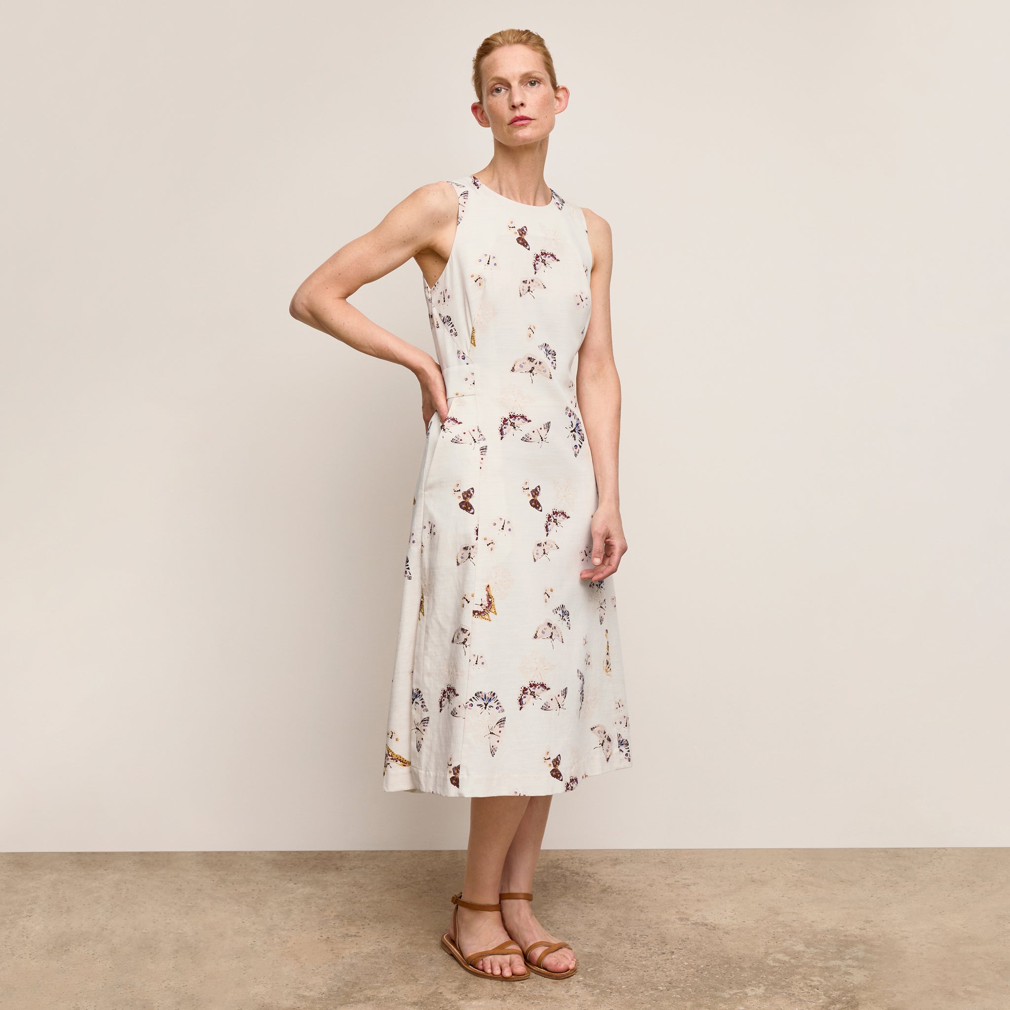 Front image of a woman wearing Estela Dress-Airy Cotton :: Butterfly Print