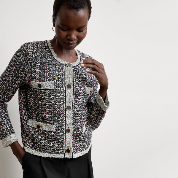 Evangeline Lady Jardigan - Boucle Tweed Jardigan :: Black/White