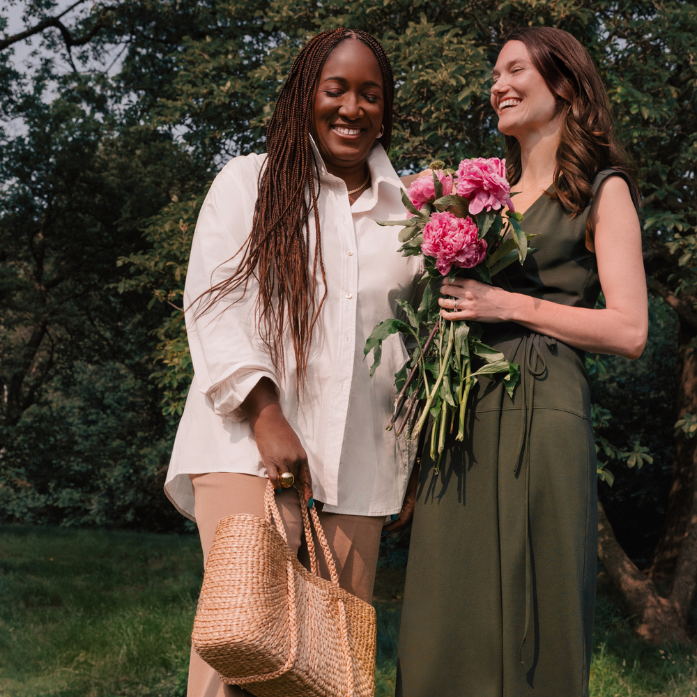 Two women standing outdoors one of them wearing Bentley Al Fresco Shirt - Cotton Poplin :: Eggshell
Success