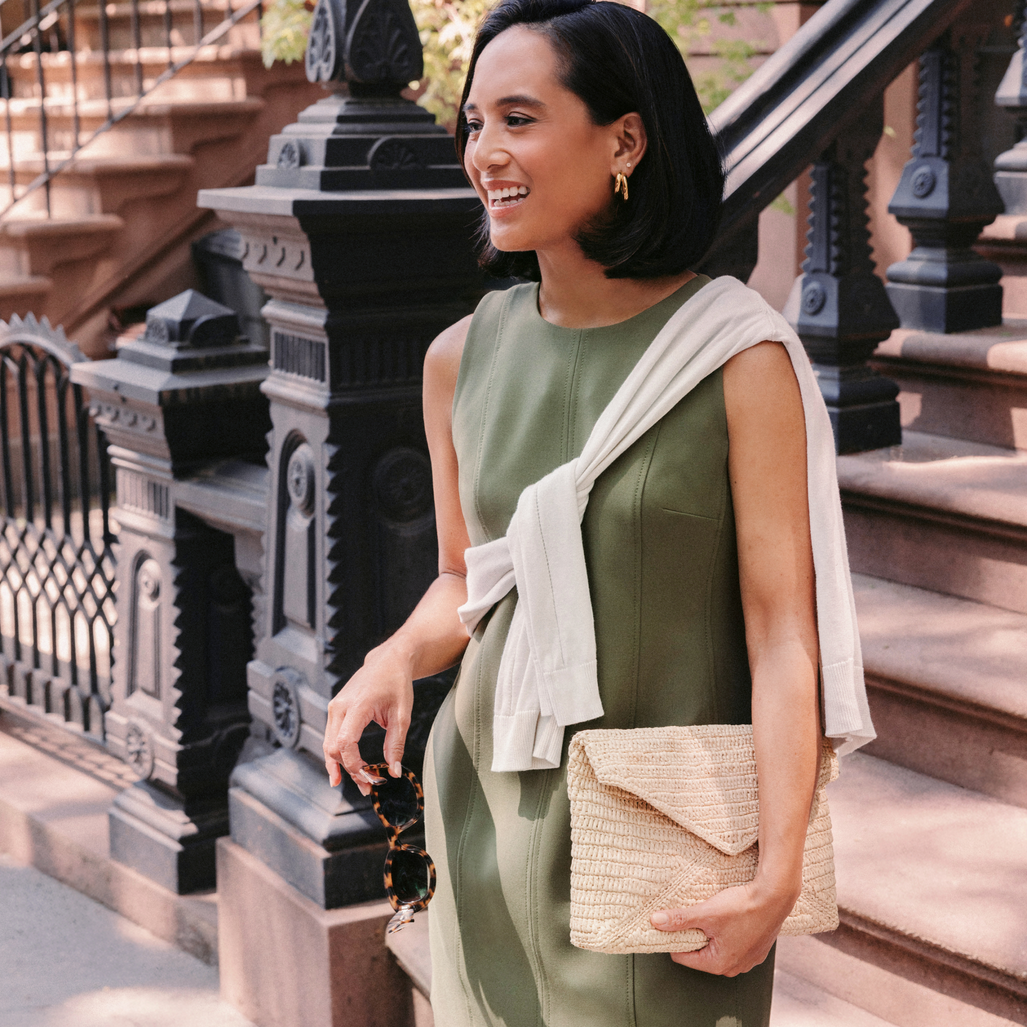 Front image of a woman wearing The Carolina Dress-Flex Suiting :: Bright Olive
