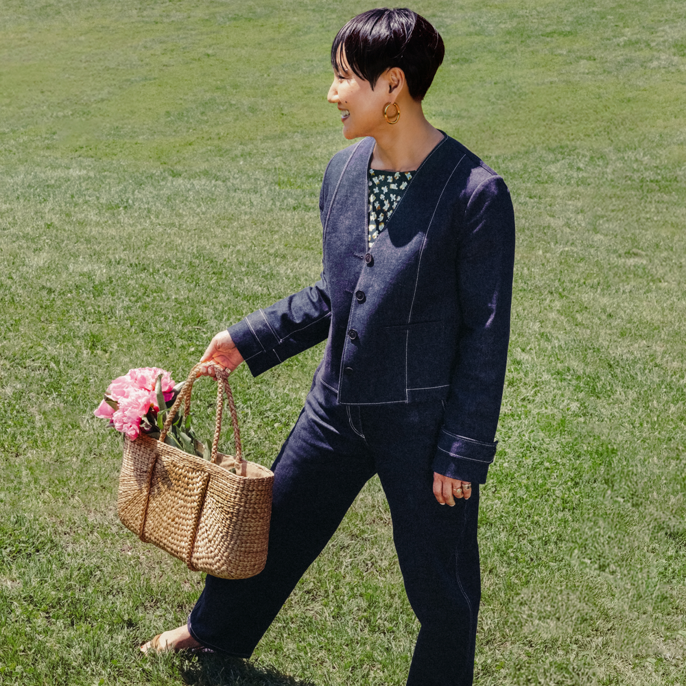 Image if a woman wearing The Ayla V-Neck Jacket - Stretch Denim