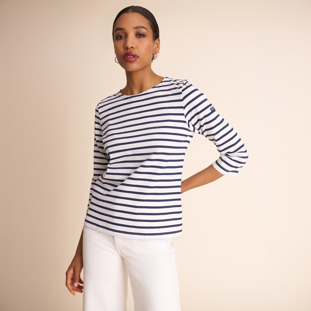 image of a woman wearing saint james striped tee