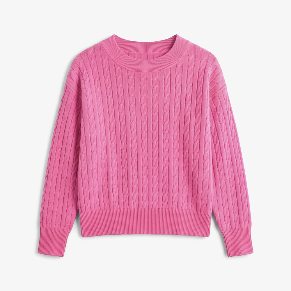 Packshot image of a long sleeve cable knit crewneck sweater in mineral pink