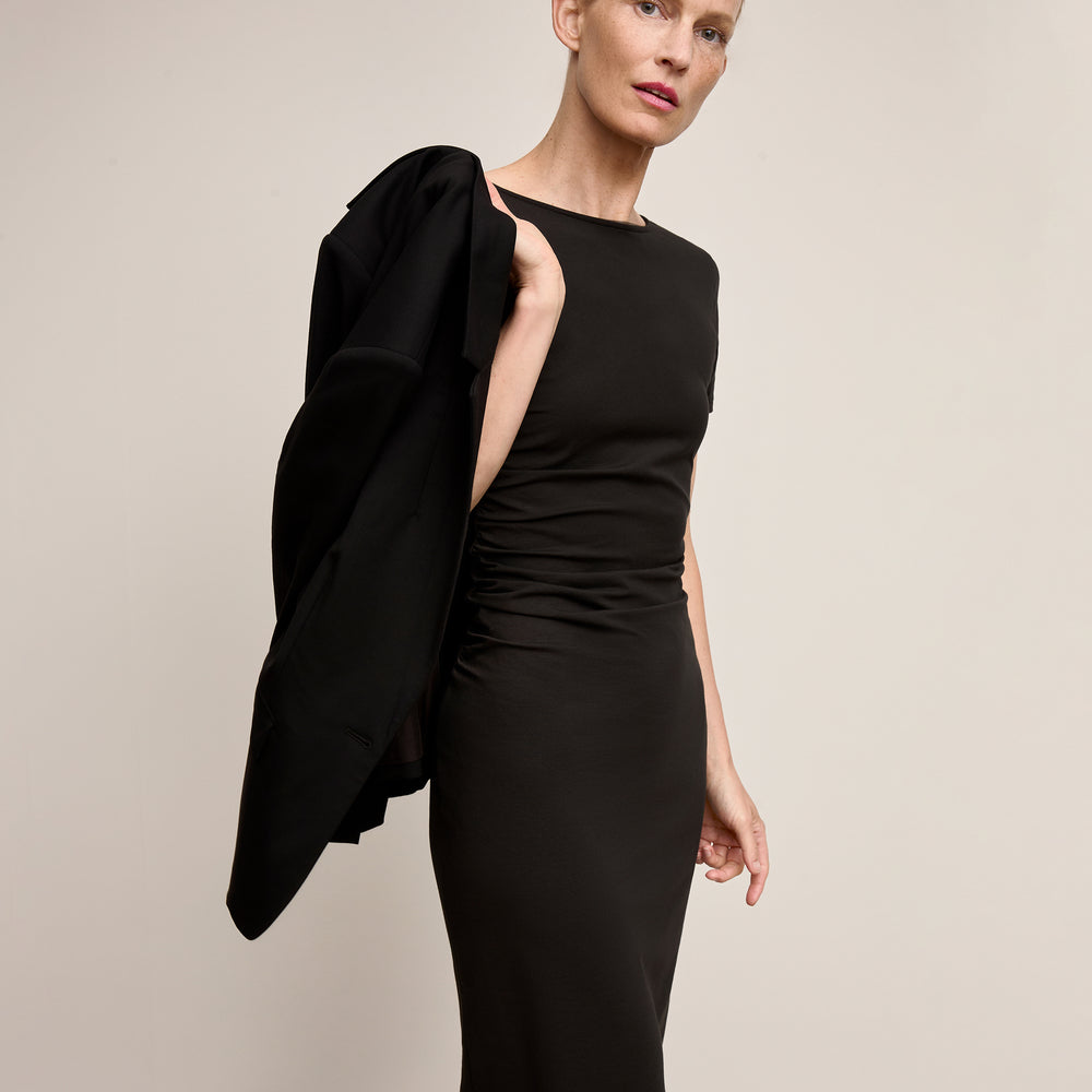 Front image of a woman wearing The Glenda Dress-Pima Cotton Jersey :: Black