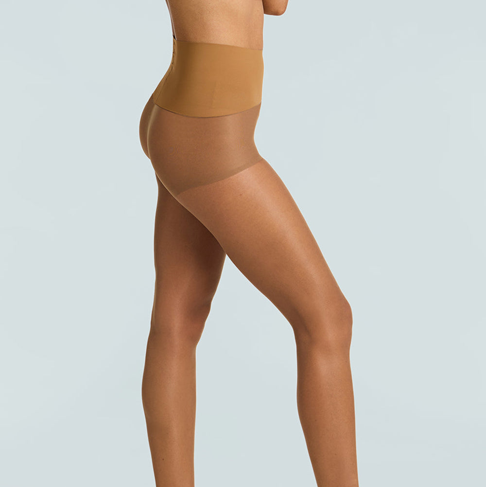 Tan sheer stockings worn by a model on a light gray background