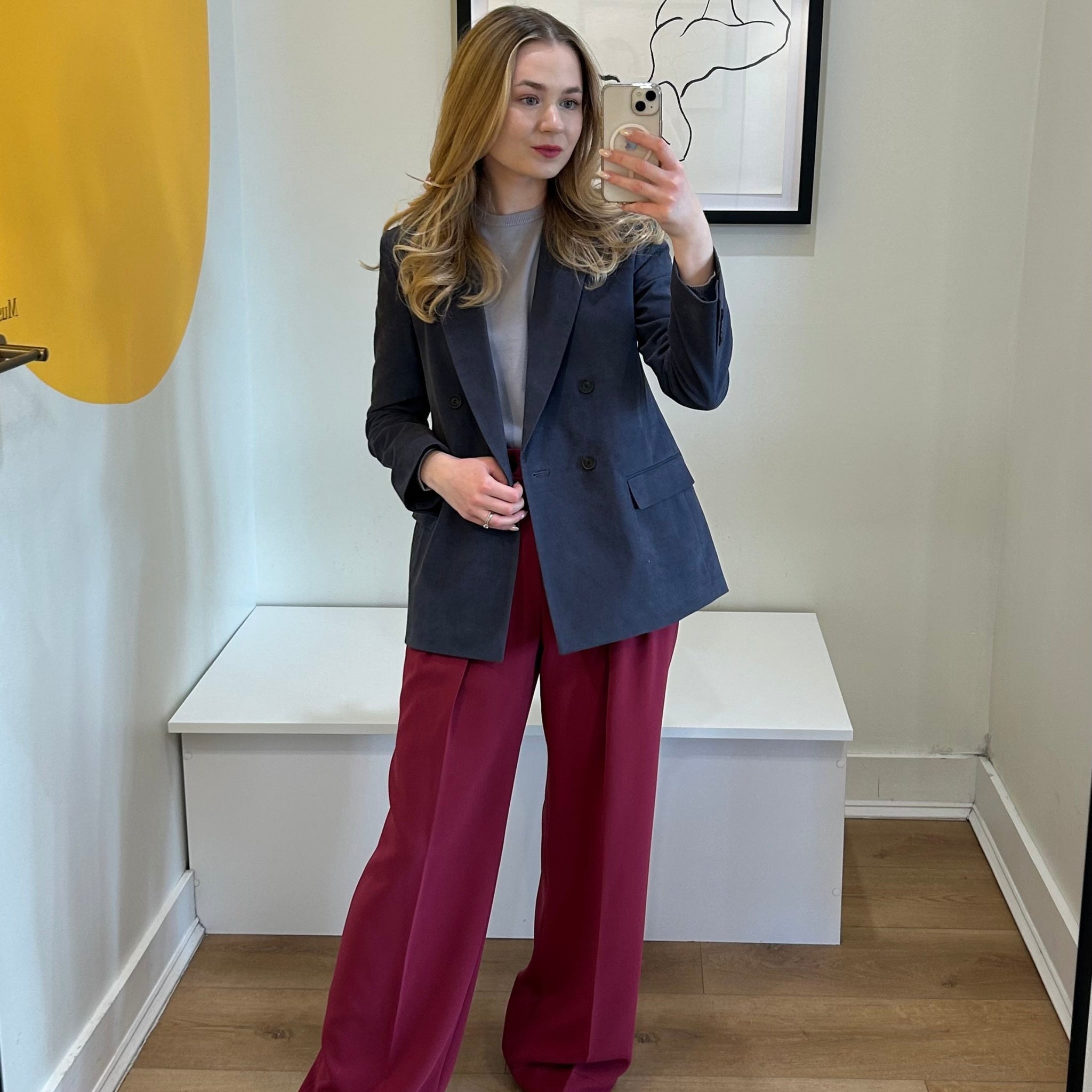 Woman wearing the bia pant and o'hara blazer