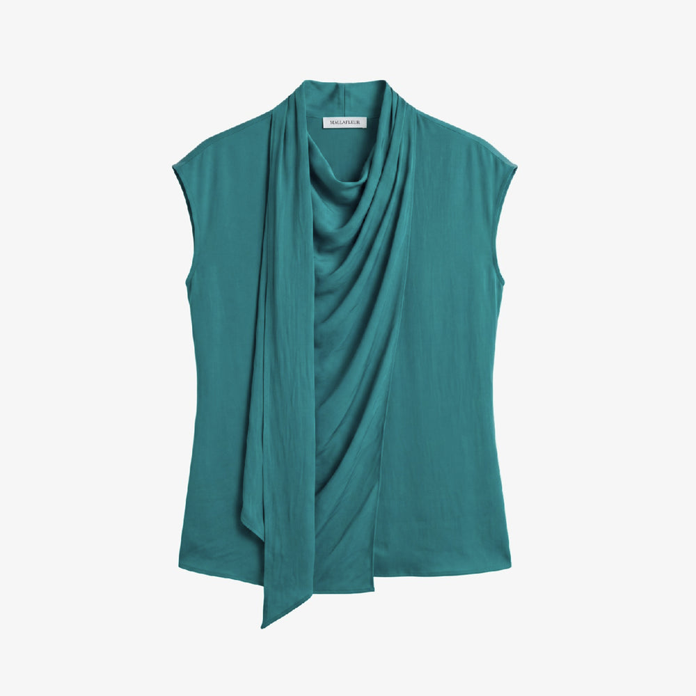 Packshot of a sleeveless high neck scarf teal top