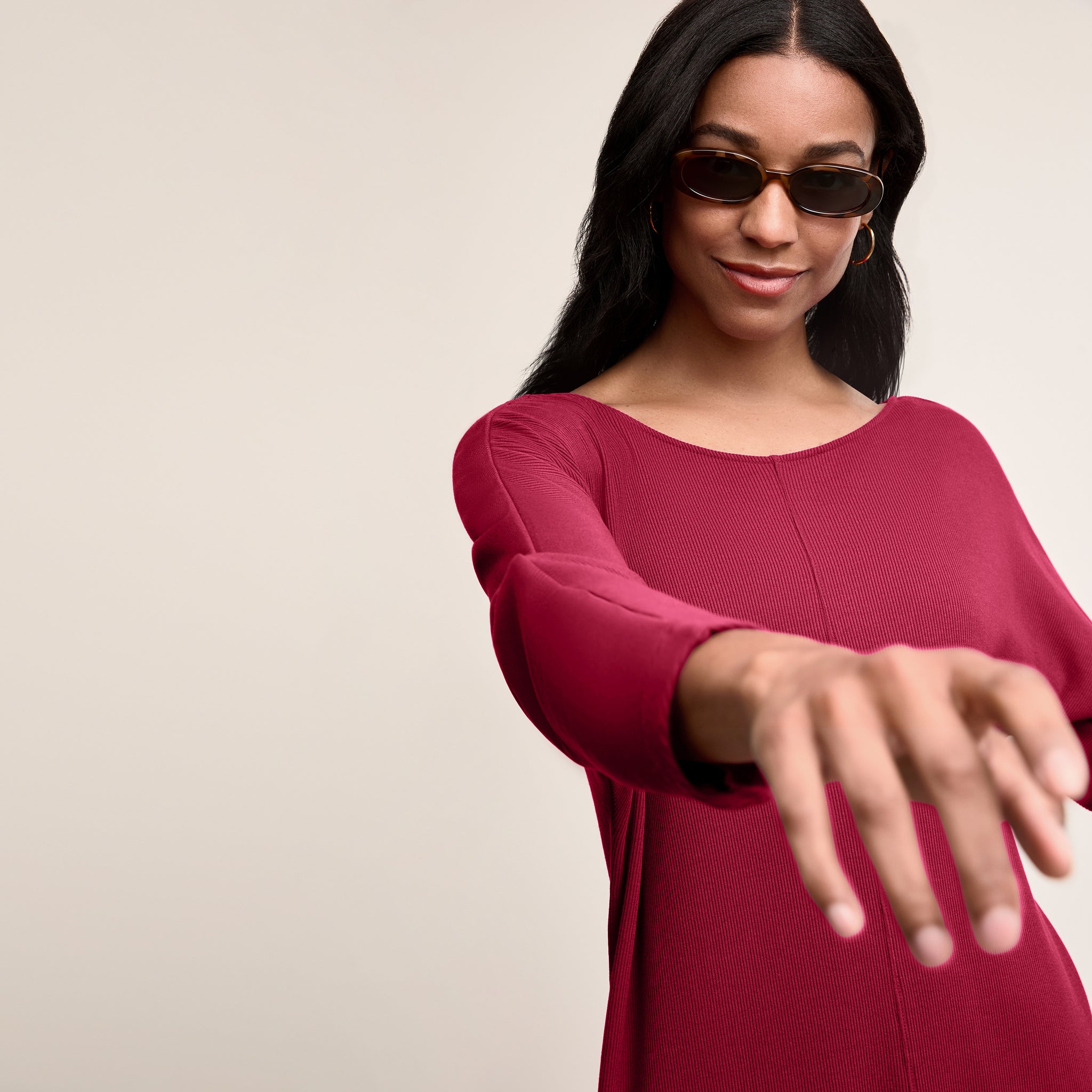 Front image of a woman wearing The Ivana Dress-Ribbed Pima Modal :: Dark Fuschia