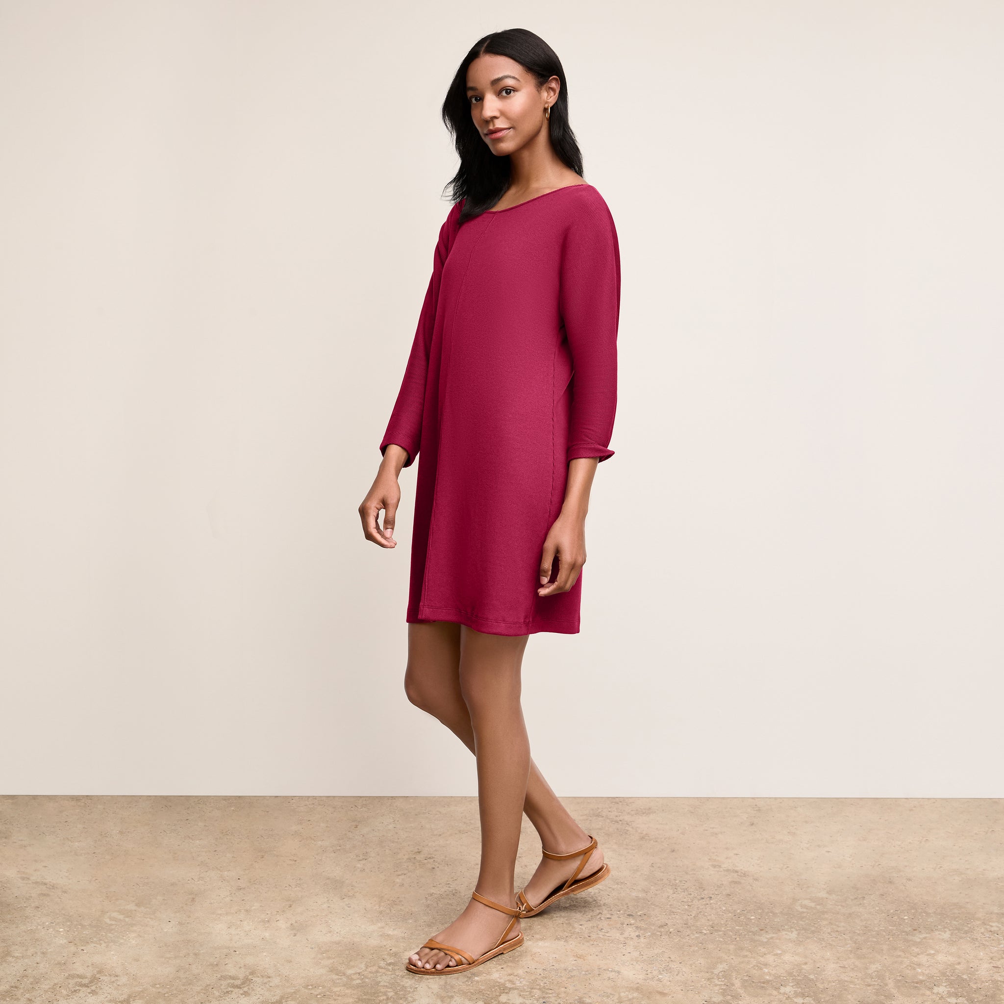 Front image of a woman wearing The Ivana Dress-Ribbed Pima Modal :: Dark Fuschia 