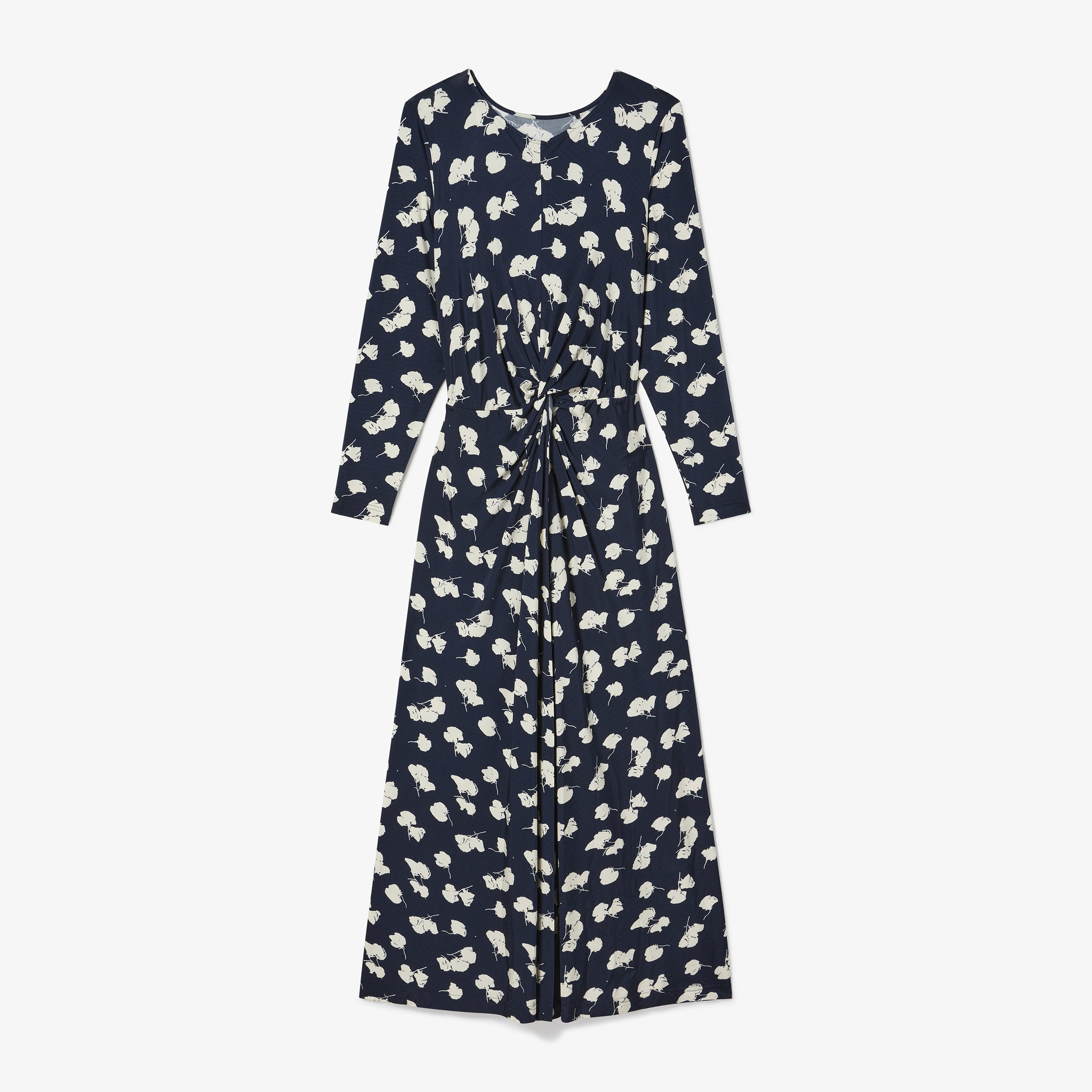 Navy dress with white floral pattern on a white background