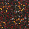 Floral patterned fabric with red, black, and yellow colors on a dark background 