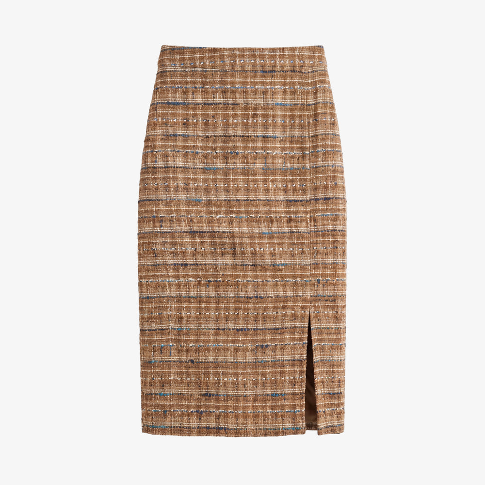 A brown tweed pencil skirt with a subtle horizontal striped pattern in beige, blue, and brown, featuring a front slit at the hem.