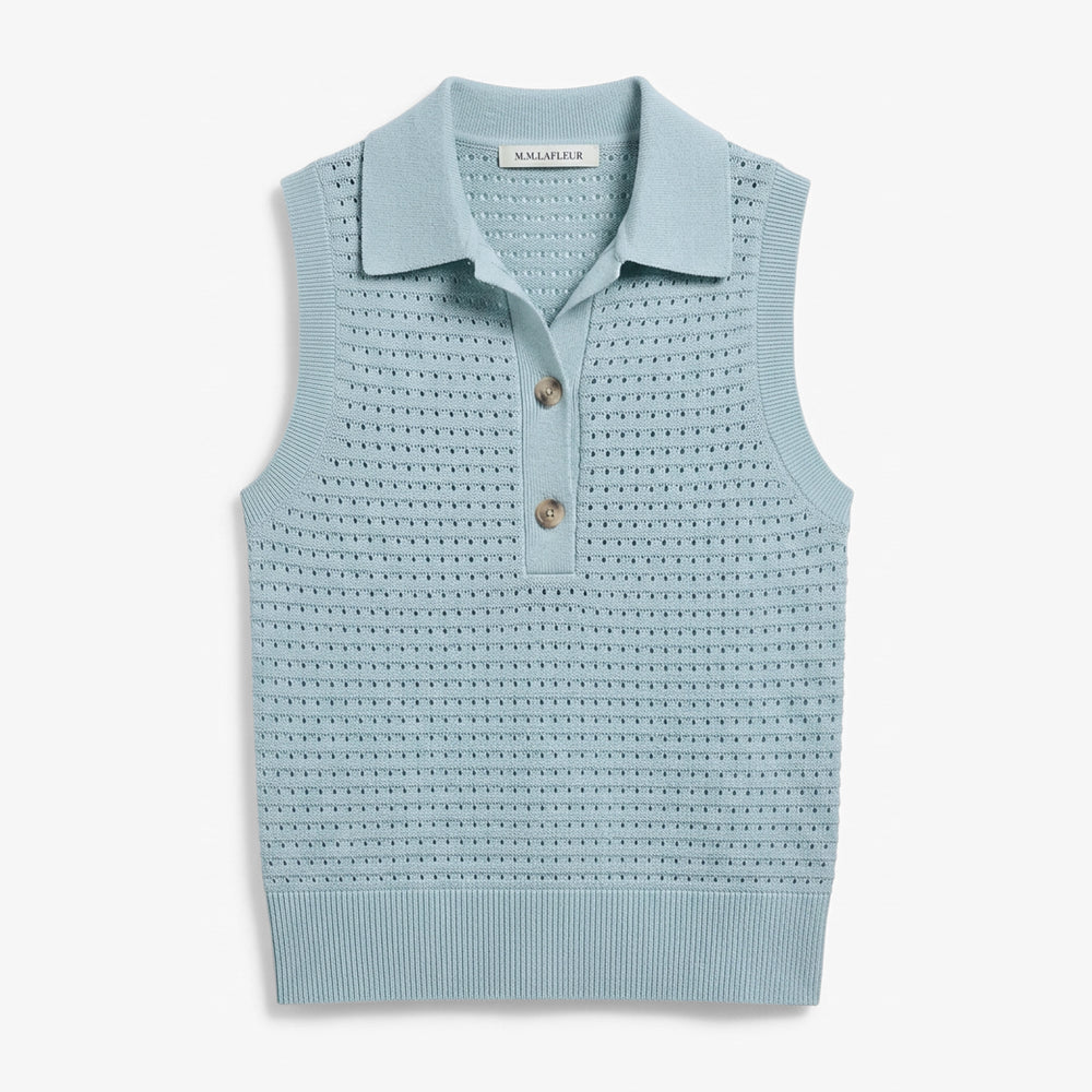 sleeveless ice blue polo tank on a white background